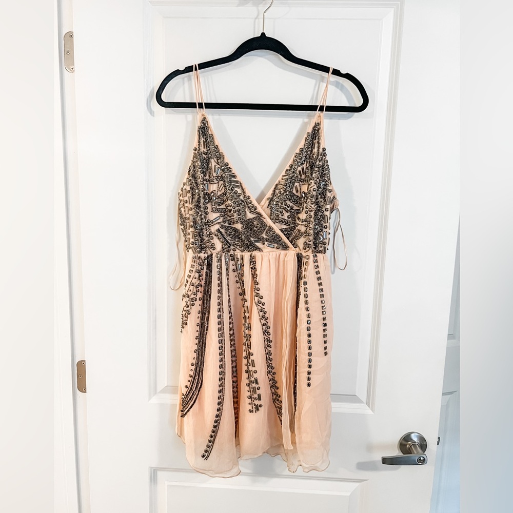 NWT Free People Cassiopeia Beaded Mini Dress in Peach, Size 10